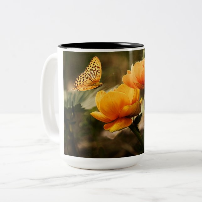 Orange Butterfly and Flowers Two-Tone Coffee Mug (Front Left)