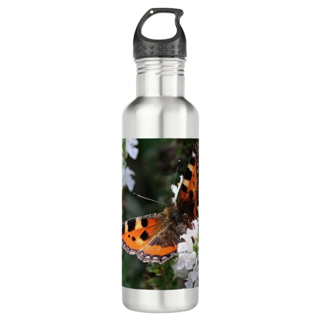 Orange Butterfly and White Blossoms Stainless Steel Water Bottle (Front)
