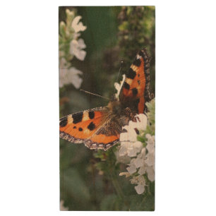 Orange Butterfly and White Blossoms Wood Flash Drive