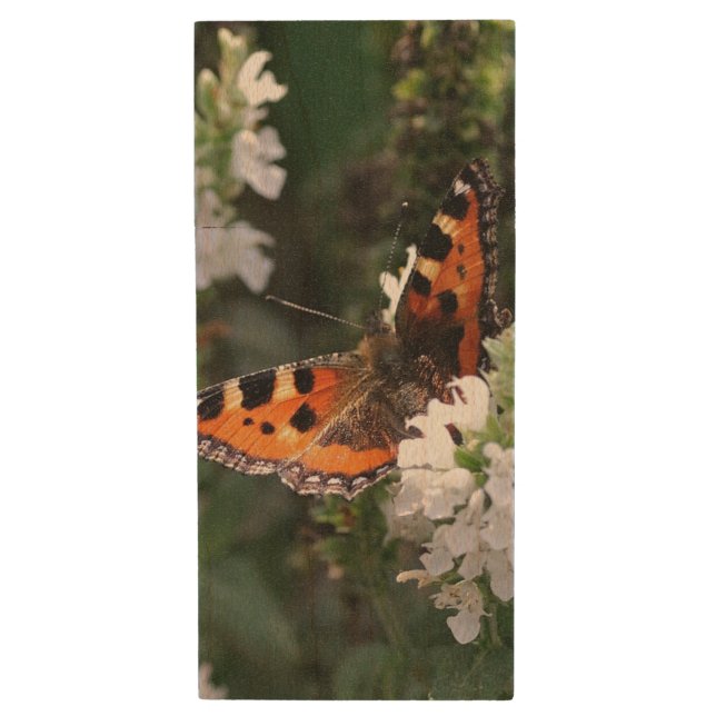 Orange Butterfly and White Blossoms Wood Flash Drive (Front Vertical)