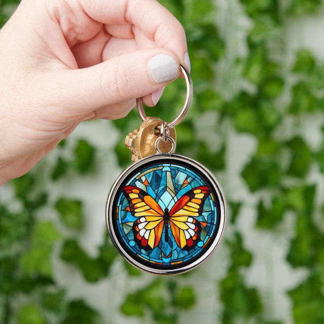 Orange Butterfly Blue Stained Glass Keychain (Hand)