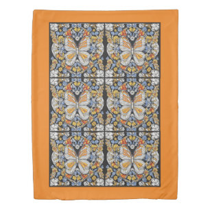 Orange Butterfly Blue Yellow Floral Pattern Duvet Cover