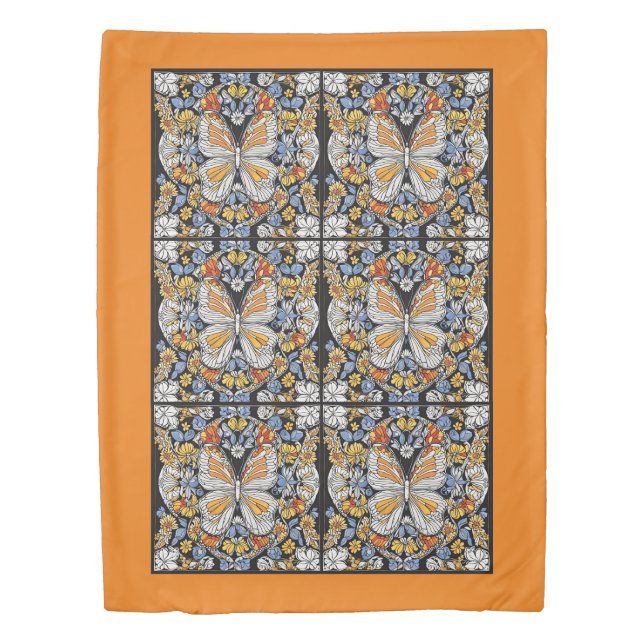 Orange Butterfly Blue Yellow Floral Pattern Duvet Cover (Front)