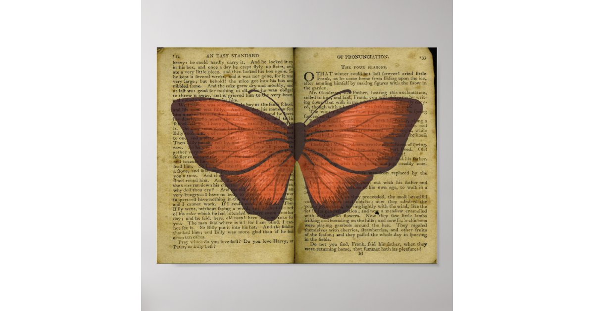 Orange Butterfly Drawing On Old Book Page Poster Zazzle Com