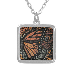 Orange butterfly fantasy abstract art silver plated necklace