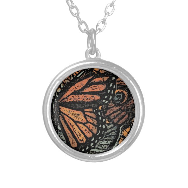 Orange butterfly fantasy abstract art silver plated necklace (Front)