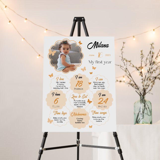 Orange Butterfly First Birthday Milestones Sign (In Situ (Stand))