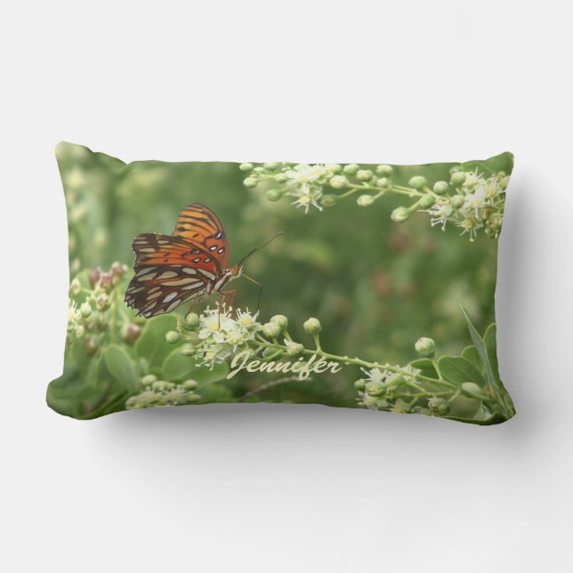 Orange Butterfly Green Personalized Name Lumbar Pillow (Front)