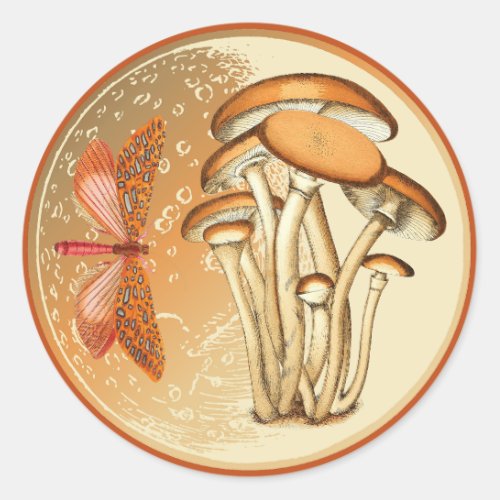 Orange Butterfly Mushroom Moon  Classic Round Sticker