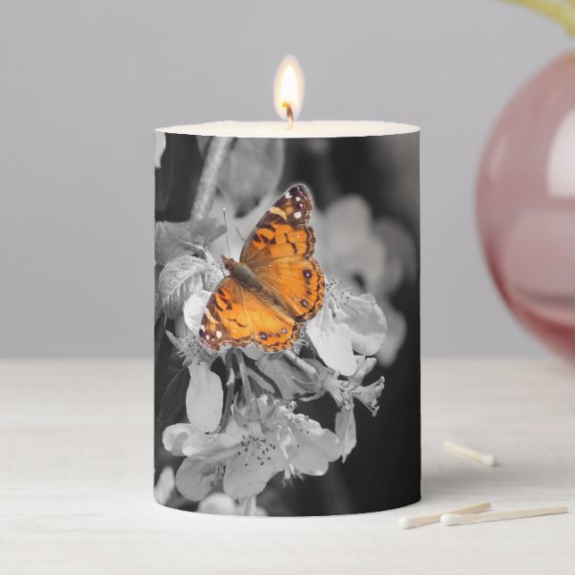 Orange Butterfly On Apple Blossom Pillar Candle (In Situ)