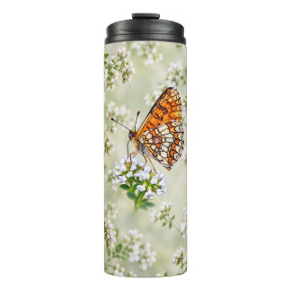 Orange Butterfly on Delicate White Flowers Thermal Tumbler