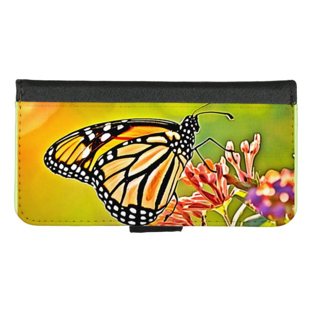 Orange Butterfly on Pink Blossom Design iPhone Wallet Case (Front (Horizontal))