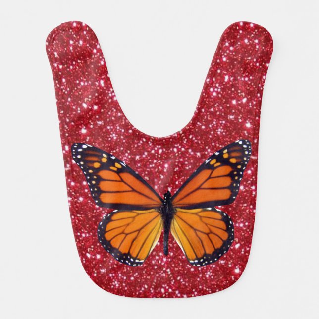Orange Butterfly On Red Glitter Baby Bib (Front)