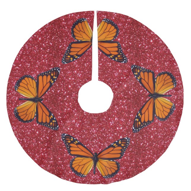 Orange Butterfly On Red Glitter Tree Skirt (Front)