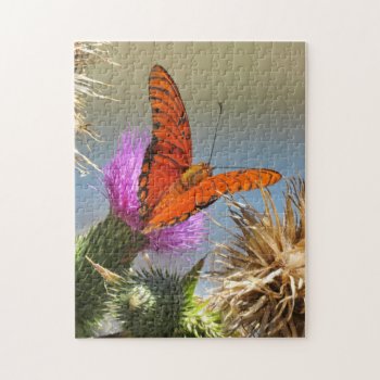 Orange Butterfly On Thistle Jigsaw Puzzle by hawkysmom at Zazzle