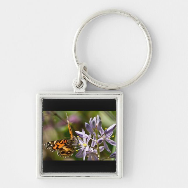 Orange Butterfly on Wild Hyacinth Apparel & Gifts Keychain (Front)