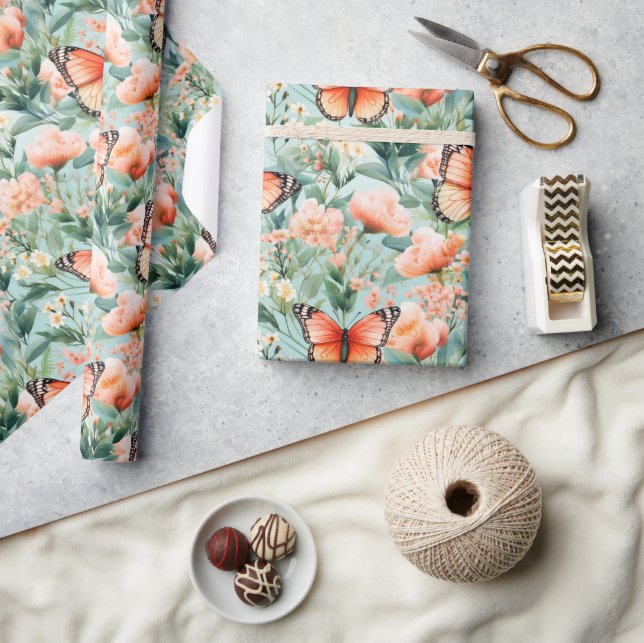 Orange  Butterfly Orange Green  Floral  Wrapping Paper (Crafts)