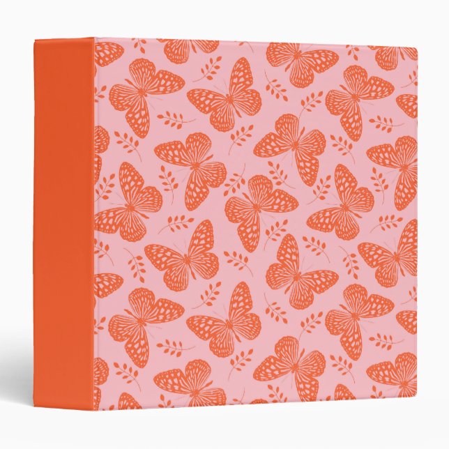 Orange butterfly pattern on pink background 3 ring binder (Front/Spine)