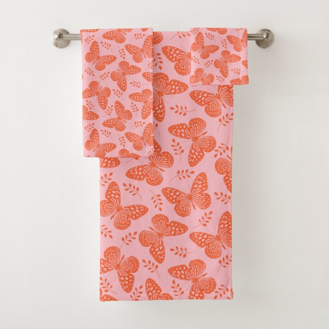 Orange butterfly pattern on pink background bath towel set (Insitu)