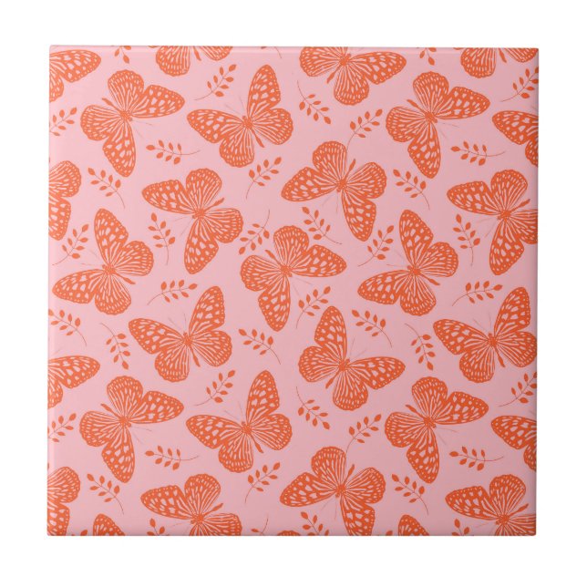 Orange butterfly pattern on pink background ceramic tile (Front)