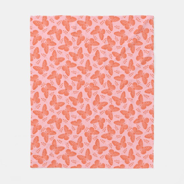 Orange butterfly pattern on pink background fleece blanket (Front)