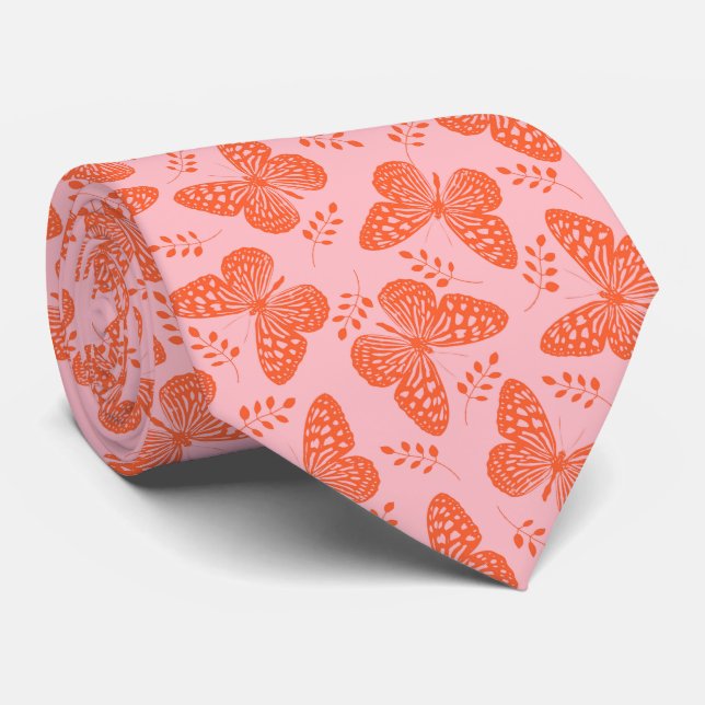 Orange butterfly pattern on pink background neck tie (Rolled)