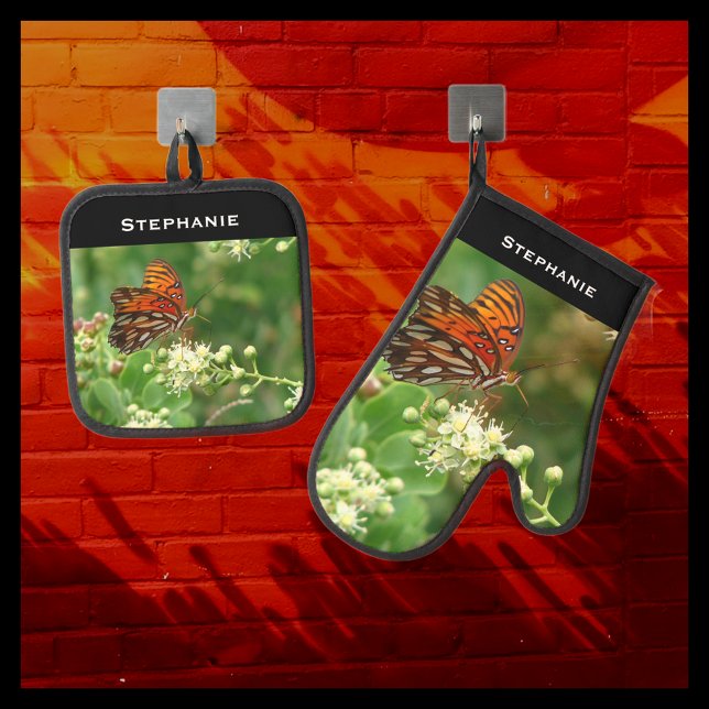 Orange Butterfly Personalized Name Oven Mitt & Pot Holder Set (Creator Uploaded)