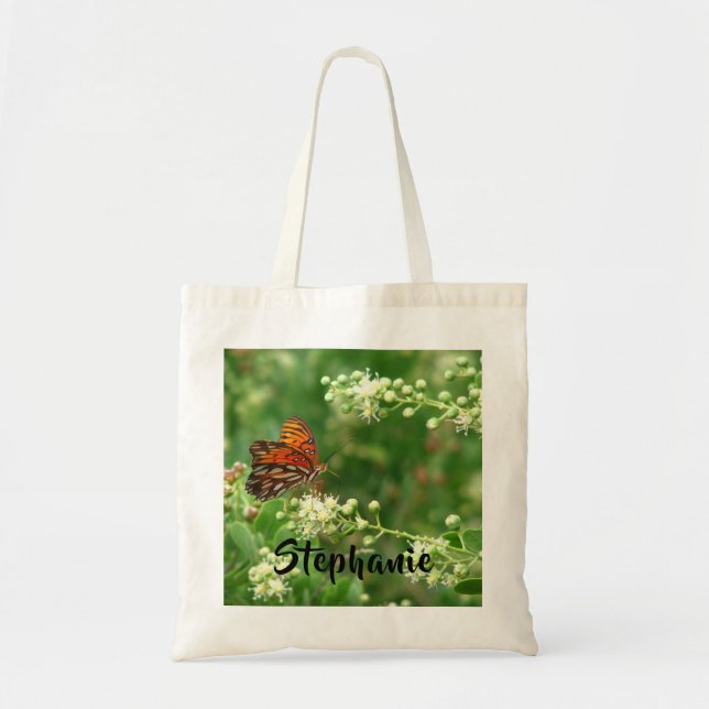 Orange Butterfly with Personalized Name Cotton Tote Bag (Front)