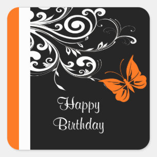 Orange Butterly Swirls Happy Birthday Square Sticker