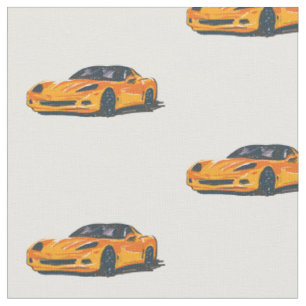 Orange C6 Corvette Hand Drawn Sketch Fabric