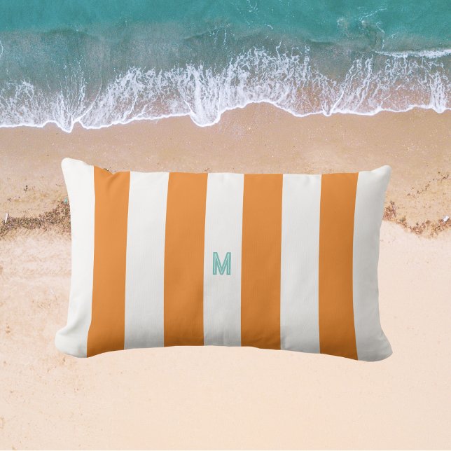Orange Cabana Stripe & Personalized Teal Monogram Lumbar Pillow (Creator Uploaded)