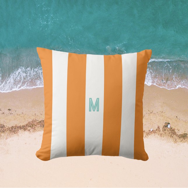 Orange Cabana Stripe & Personalized Teal Monogram Outdoor Pillow (Creator Uploaded)
