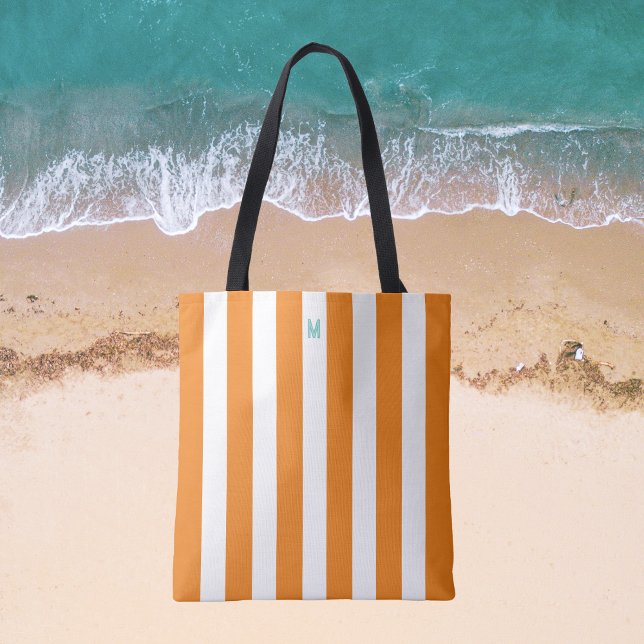 Orange Cabana Stripe & Personalized Teal Monogram Tote Bag (Creator Uploaded)