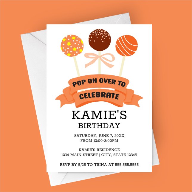 Orange Cake Pops Birthday Party Invitation (Orange Cake Pops Birthday Party Invitation)