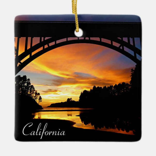 Orange California Coastal Sunset Under Bridge Ceramic Ornament (Front)