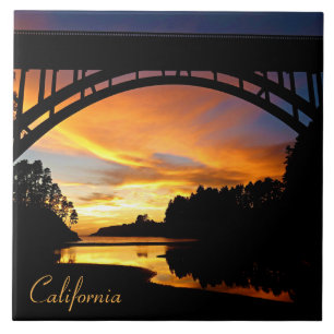 Orange California Coastal Sunset Under Bridge Ceramic Tile