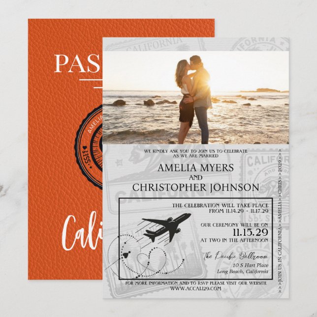Orange California Passport Wedding Invitation (Front/Back)