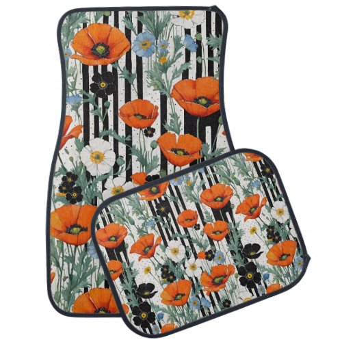 Orange California Poppies and Black Stripes Car Floor Mat