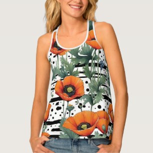Orange California Poppies Black Dots and Stripes Tank Top