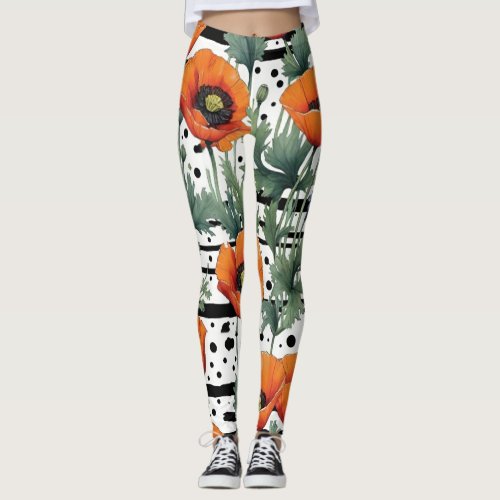 Orange California Poppies Black Stripes and Dots Leggings