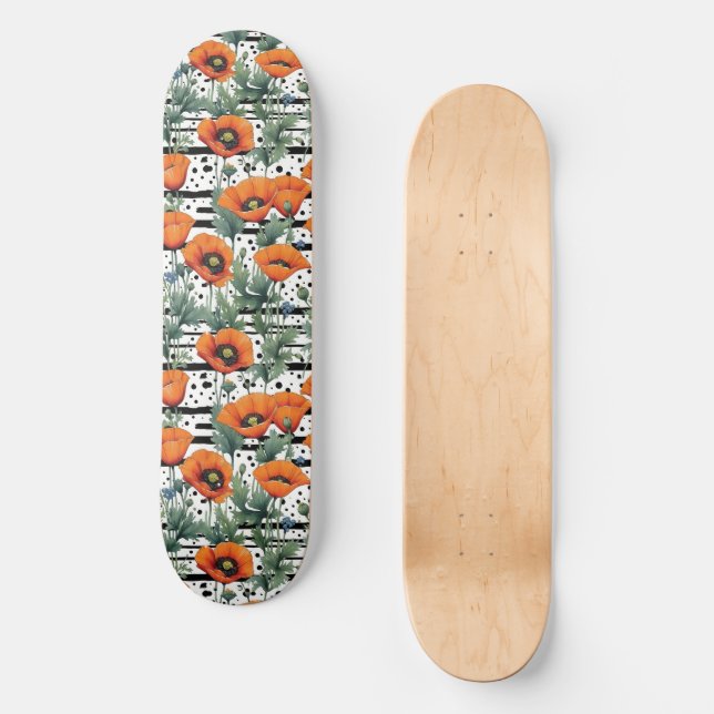 Orange California Poppies Black Stripes and Dots Skateboard (Front)