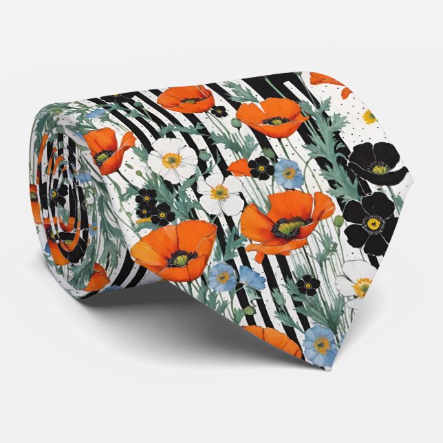 Orange California Poppies & Black Stripes Neck Tie (Rolled)