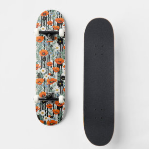 Orange California Poppies Black Strips Floral Skateboard