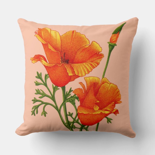 orange California poppy print Throw Pillow (Front)