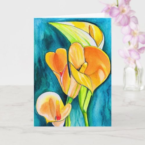 Orange Calla lily flower watercolor art Card