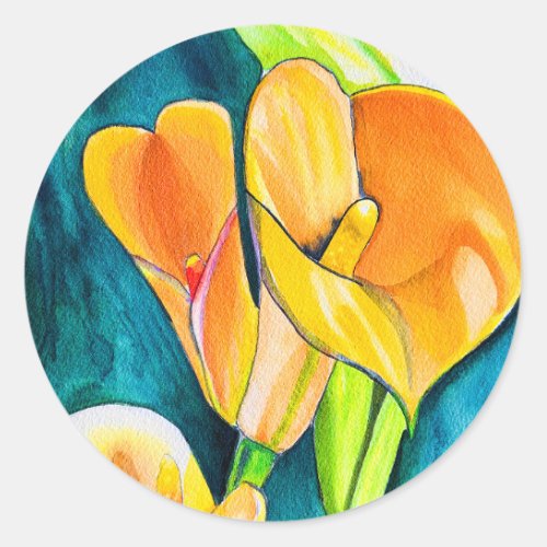 Orange Calla lily flower watercolor art Classic Round Sticker