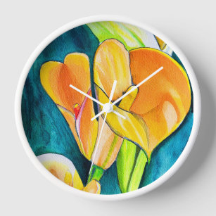 Orange Calla lily flower watercolor art Clock