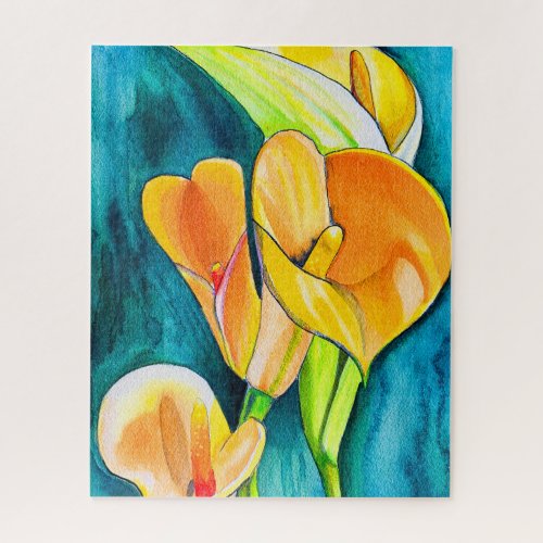 Orange Calla lily flower watercolor art Jigsaw Puzzle