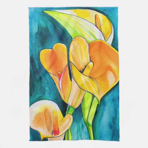 Orange Calla lily flower watercolor art Kitchen Towel