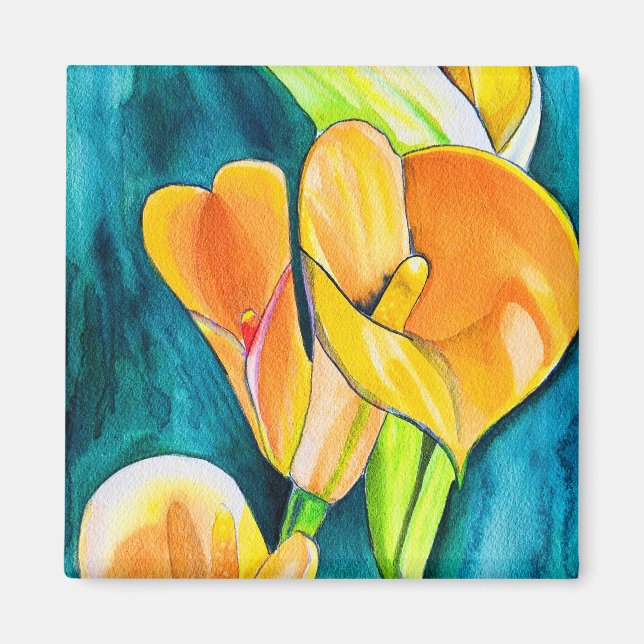 Orange Calla lily flower watercolor art Magnet (Front)